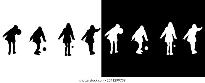 Set of bowler silhouettes. Bowler, hobby, sport. Different poses. Vector black and white illustration.