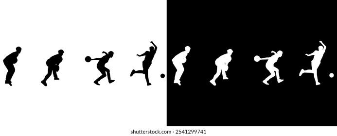 Set of bowler silhouettes. Bowler, hobby, sport. Different poses. Vector black and white illustration.