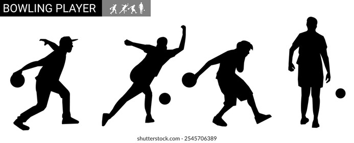 Set of bowler silhouettes. bowler, hobby, sport. different actions, poses. vector illustration.