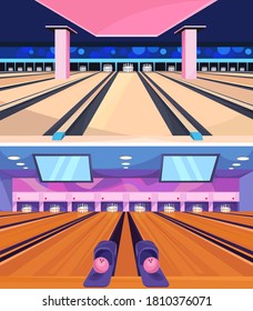 Set of bowling alleys. Collection of sport club interiors.