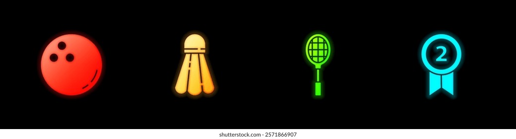 Set Bowling ball, Badminton shuttlecock, Tennis racket and Medal icon. Vector