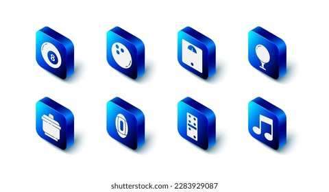 Set Bowling ball, Bathroom scales, Golf on tee, Music note, tone, Domino, American Football, Cooking pot and Billiard pool snooker icon. Vector