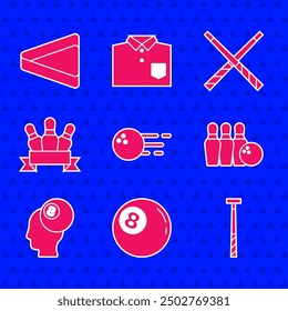 Set Bowling ball, Billiard, cue, pin and, Crossed billiard cues and triangle icon. Vector