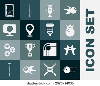 Set Bowling ball, Billiard rest, Award cup, Location with bowling, table and pocket icon. Vector