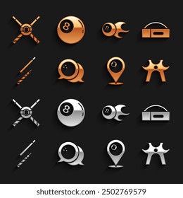 Set Bowling ball, Case for billiard cue, Billiard rest, Location with, Crossed cues and and  icon. Vector