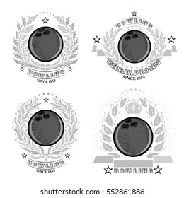 Set bowling ball in center of silver wreath isolated on white. Sport logo for any team