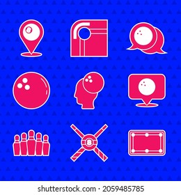 Set Bowling ball, Crossed billiard cues and, Billiard table, Location with bowling, pin,  and  icon. Vector