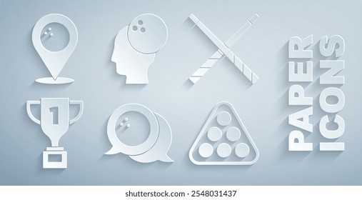 Set Bowling ball, Crossed billiard cues, Award cup, Billiard balls rack triangle,  and Location with bowling icon. Vector