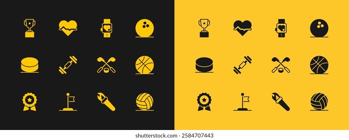 Set Bowling ball, Flag, Ice hockey sticks and puck, Torch flame, Dumbbell, Smart watch with heart, Award cup and Heart rate icon. Vector