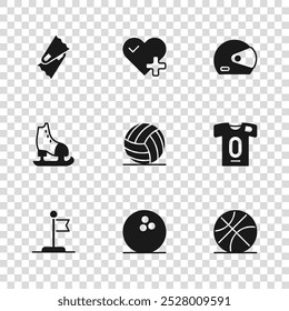 Set Bola de bolos, camiseta y camiseta de fútbol, baloncesto, voleibol, casco de carreras, aletas para la natación, ritmo cardíaco e icono de patines. Vector