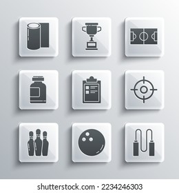 Set Bowling ball, Jump rope, Target sport, Sport training program, pin, Sports nutrition, Fitness mat roll and Football soccer field icon. Vector