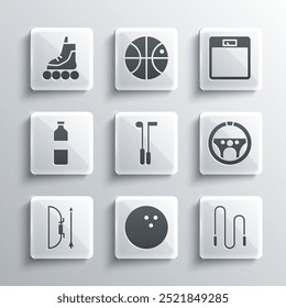 Set Bowling ball, Jump rope, Steering wheel, Golf club, and arrow quiver, Bottle of water, Roller skate and Bathroom scales icon. Vector