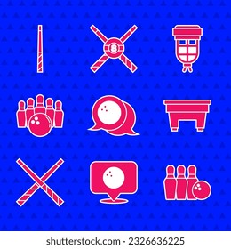 Set Bowling ball, Location with bowling, pin and, Billiard table, Crossed billiard cues, pocket and  icon. Vector