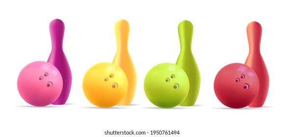 Set of Bowling ball and one pin in different bright stylish colors, 3d modern graphic in monochrome plastic, isolated