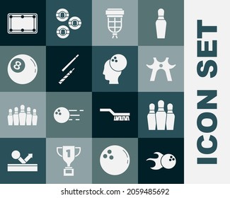 Set Bowling ball, pin, Billiard rest, pocket, cue, table and  icon. Vector