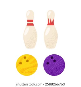 Set bowling ball with pins. Skittles and balls on a white background. For designs team sports and outdoor activity themes. 