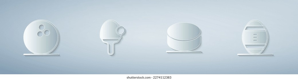 Set Bowling ball, Racket, Hockey puck and American Football. Paper art style. Vector