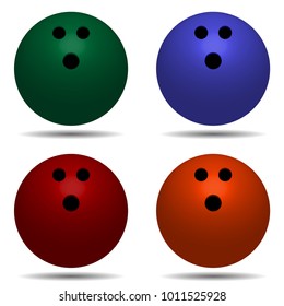 set bowling ball with shadow. Green, red, blue, orange