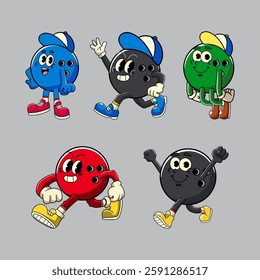 Set of Bowling Ball Sport Mascot character in Retro Illustration