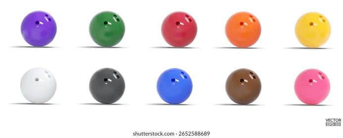 Set of bowling balls isolated on white background.  Sport for healthy life style concept. 3D Vector illustration.