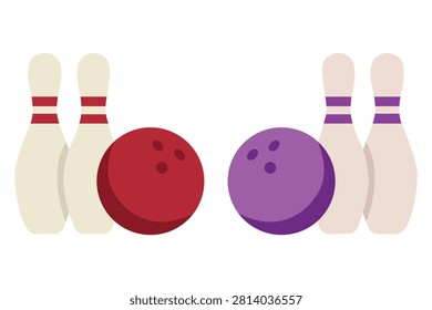 Set of bowling balls and pins, red and purple bowling balls with matching pins, flat vector illustration
