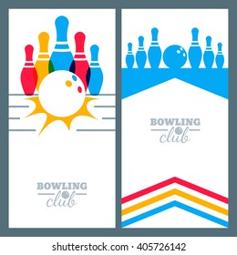 Set of bowling banner backgrounds, poster, flyer or label design elements. Abstract vector illustration of kegling game. Colorful bowling ball and pins.