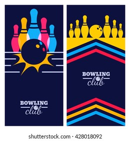 Set of bowling banner backgrounds, poster, flyer or label design elements. Abstract vector illustration of kegling game on black background. Colorful bowling balls and pins.