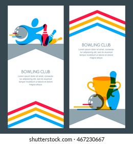 Set of bowling banner backgrounds, poster, flyer or label design elements. Abstract vector illustration of bowling game. Multicolor human silhouette, cup, bowling ball and bowling pins.