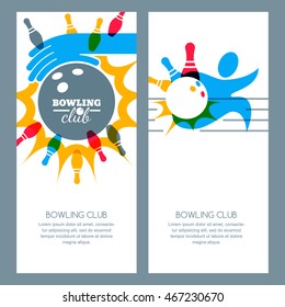 Set of bowling banner backgrounds, poster, flyer or label design elements. Abstract vector illustration of bowling game. Multicolor human silhouette, bowling ball and bowling pins.