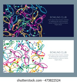 Set of bowling banner backgrounds, poster, flyer or label design. Abstract vector illustration of color linear bowling balls and bowling pins.