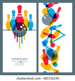 Set of bowling banner, poster, flyer or label design elements. Vertical seamless multicolor background. Abstract vector illustration of kegling game. Colorful bowling ball and pins.