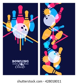 Set of bowling banner, poster, flyer or label design elements. Vertical seamless colorful black background. Abstract vector illustration of bowling game. Colorful bowling ball, bowling pins.