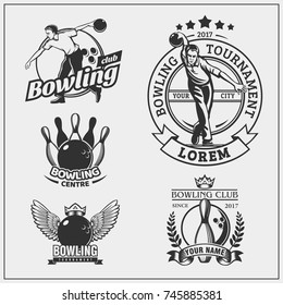 Set of bowling emblems, labels, badges and design elements.