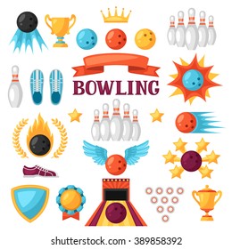 Set of bowling game items. Objects for decoration, design on advertising booklets, banners, flayers.