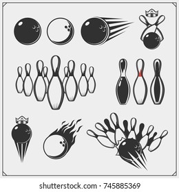 Set of bowling icons and design elements. Skittles and balls.