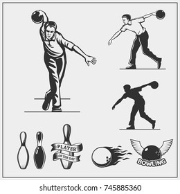 Set of bowling icons and emblems. Illustration of bowling players.