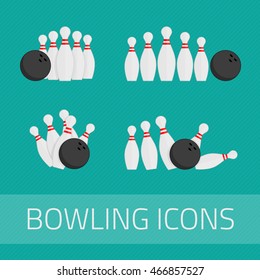 Set of bowling icons in flat design style. Trendy design elements, isolated on white background. Bowling ball and bowling pins illustration.