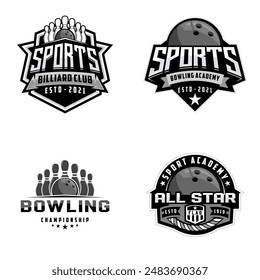 Set von Bowling Logo Abzeichen Label Vektorgrafik, Kugel auf weißem Hintergrund