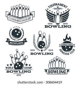 Set of bowling logos, labels, badges and design elements. Business signs templates, icons, identity design elements and objects.