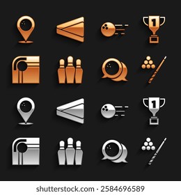 Set Bowling pin, Award cup, Billiard cue and ball, table, Location with bowling and triangle icon. Vector