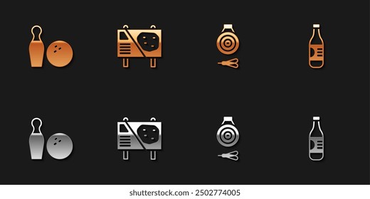 Set Bowling pin and ball, Amusement park billboard, Classic dart arrow and Bottle of water icon. Vector