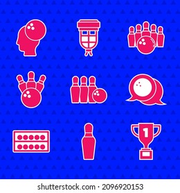 Set Bowling pin and ball, Award cup, Billiard balls on stand,  and  icon. Vector