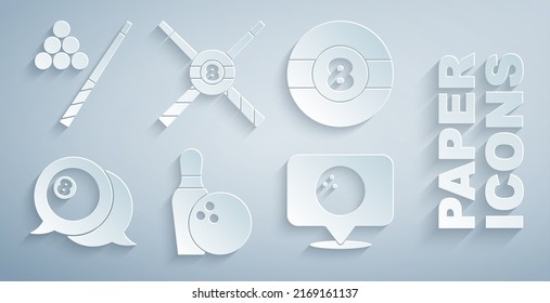 Set Bowling pin and ball, Billiard, Location with bowling, Crossed billiard cues and  icon. Vector