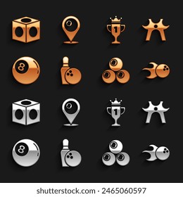Set Bowling pin and ball, Billiard rest, Award cup, chalk and Location with billiard icon. Vector