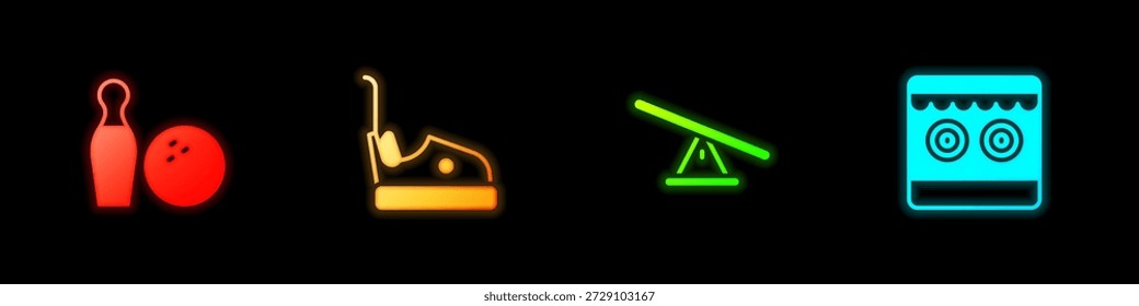 Set Bowling pin and ball, Bumper car, Seesaw and Shooting gallery icon. Vector