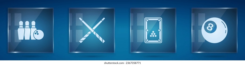 Set Bowling pin and ball, Crossed billiard cues, Billiard table and . Square glass panels. Vector
