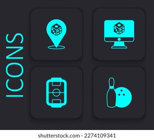 Set Bowling pin and ball, Game dice,  and Table football icon. Black square button. Vector