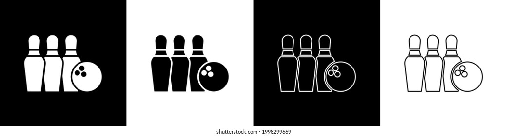 Setzen Sie Bowling-Stift und Ball-Symbol einzeln auf schwarz-weißem Hintergrund. Sportgeräte.  Vektorgrafik