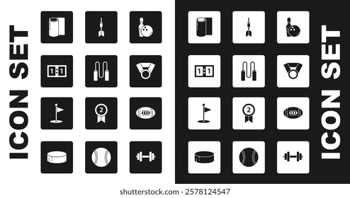 Set Bowling pin and ball, Jump rope, Sport mechanical scoreboard, Fitness mat roll, Medal, Dart arrow, American Football and Golf flag icon. Vector