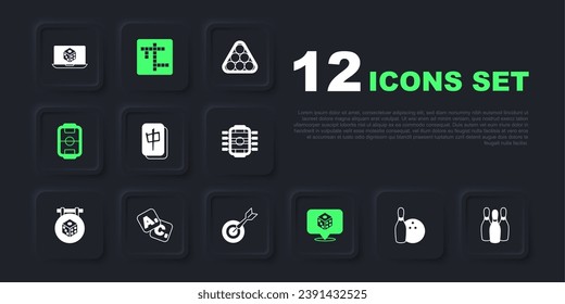 Set Bowling pin and ball, Mahjong pieces, Game dice, Table football, Bingo, Crossword and Classic dart board arrow icon. Vector